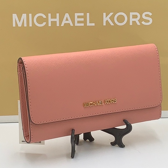MICHAEL KORS JET SET TRAVEL LARGE TRIFOLD WALLET SUNSET ROSE COLOR - Picture 1 of 16